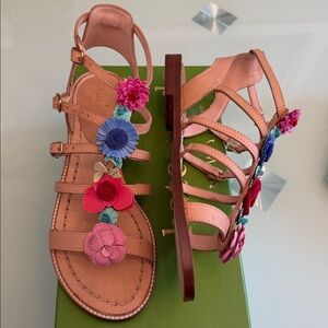 Kate Spade Tan Leather Floral Appliqué Gladiator Sandals Size 7.5 with Box